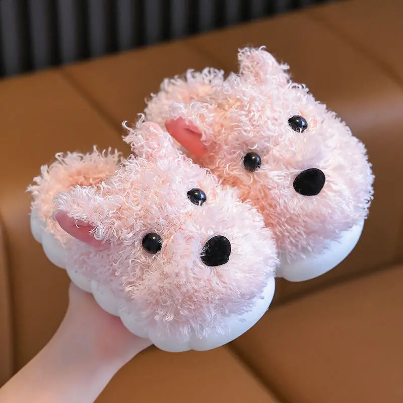Cartoon Dog Kids Slippers Cute Animals Winter Shoes For Boys Girls Plush Warm Soft Bottom Children Indoor Slippers 241230