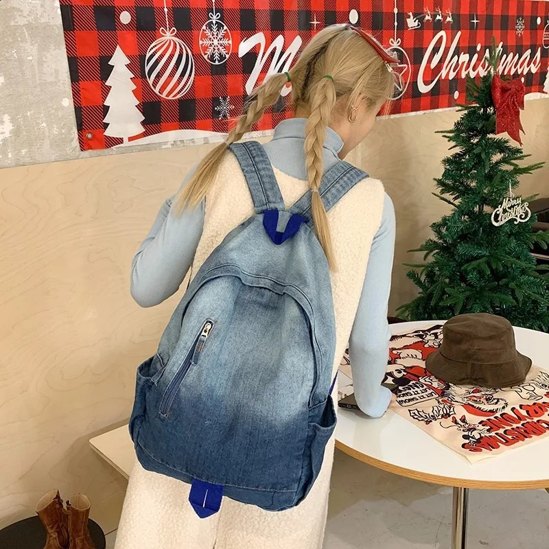 Versatile Zipper School Bags Casual Large Capacity 2025 Interior Zipper Pocket Denim High Quality Backpacks 241230