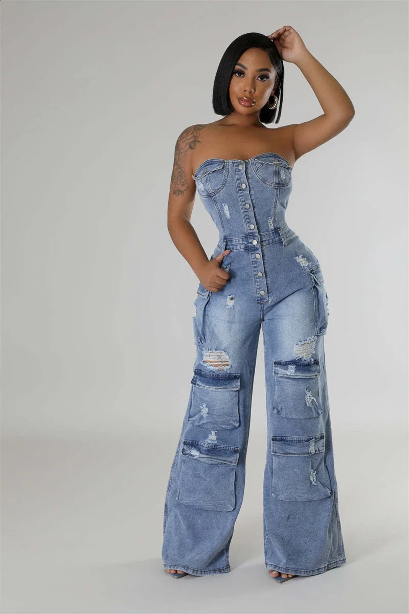 Streetwear Ripped Jeans Jumpsuits Fall Clothes Women Button Up Strapless Denim Rompers Playsuits One Pieces Overalls Outfit 241230