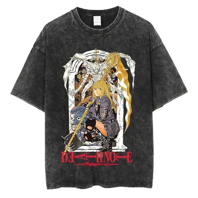 2024 Harajuku Retro Washed T-shirt with Death Note Pattern Cotton Street Clothing Unisex T-shirt W241230