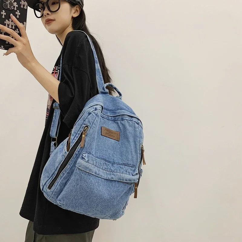 Bag Backpack For Women Retro Denim Zipper Bookbag Student Multi Pockets Fashion Backpacks Large Capacity Cowboy Solid School Bag 241230