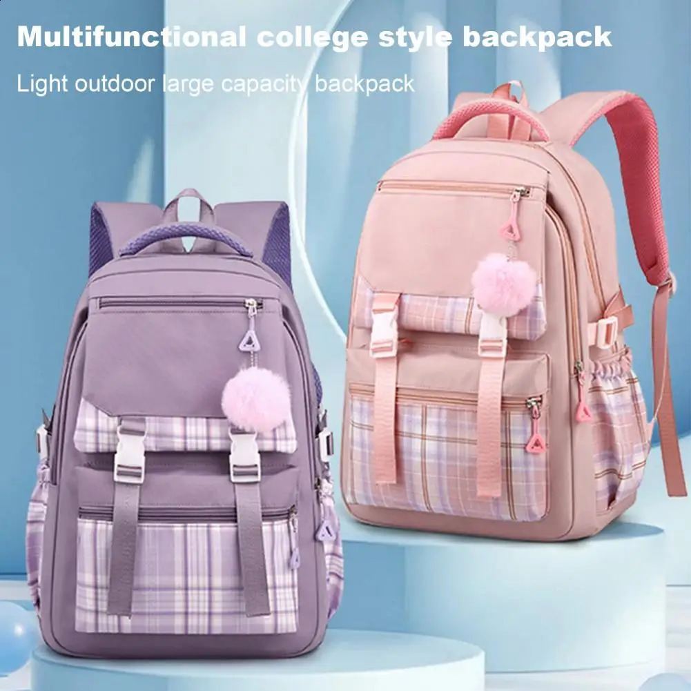 Student Backpack With Plush Ball Pendant Large Capacity Waterproof Pupil School Bag Travel Outdoor Activities Storage Bag 241230
