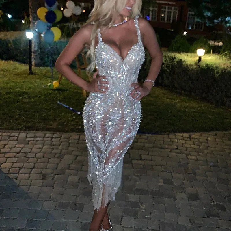 Cross-Border Womens Clothing European American Foreign Trade Long Sleeve Sequined Dress Deep V Neck Small Gown 241230