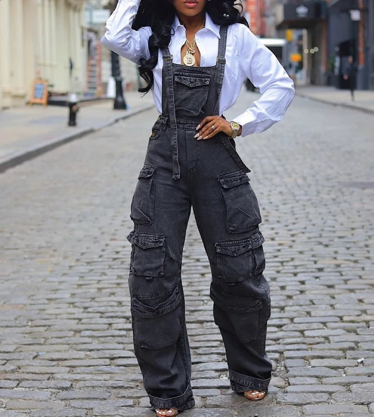 Jumpsuit American Street Zipper Denim Overalls Trendy n Casual Multi Pocket Cargo Pants Womens Streetwear Denim Jumpsuit 241230