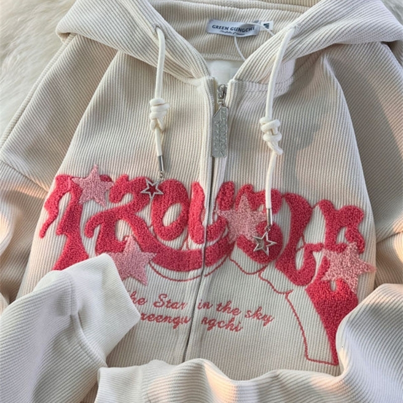 Vintage Streetwear Zip Up Tops Oversized Star Graphics Print Hoodies 2024 Women American Retro Graphic Hooded Sweatshirts y241220