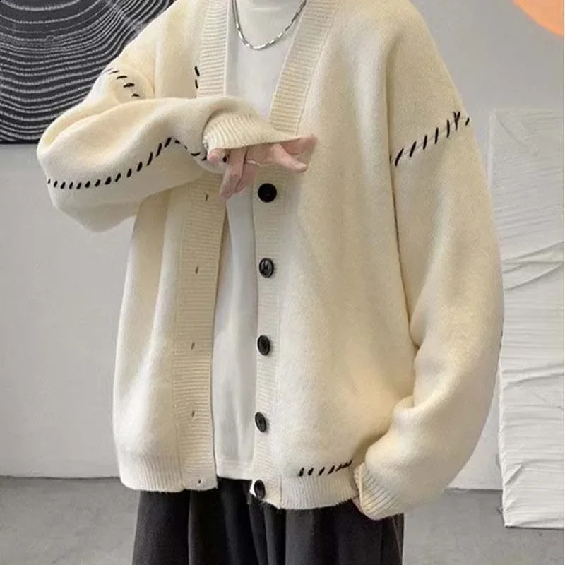 Autumn V-neck Cardigan Sweater Men Women Streetwear Loose Lazy Style Korean Vintage Knitwear Jacket Fashion Mens Cardigan 241230