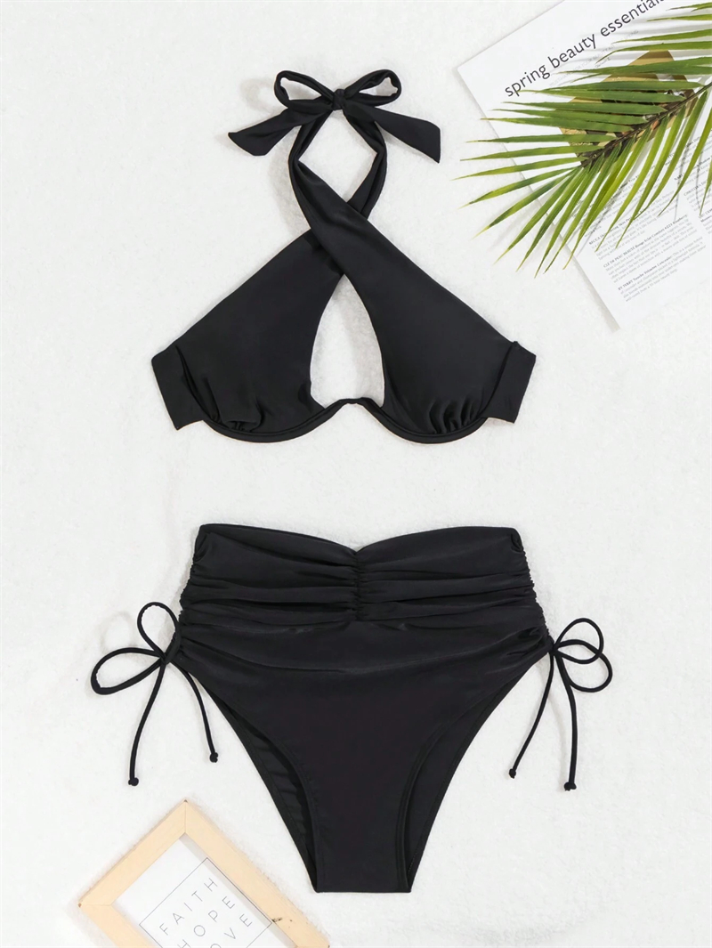 Women Sexy Criss-Cross Bikini Halter Neck Swimsuit Push Up Tops Pleated High Waist Bikinis Set Swimwear Ladies Brazilian Biquini Low Back Bathing Suit