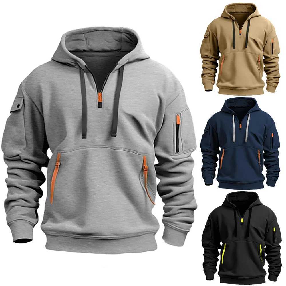 2024 New Multi Pocket Zipper Wool Hooded Mens Casual Shirt Solid Color Loose Fashion Sportswear Top W241230
