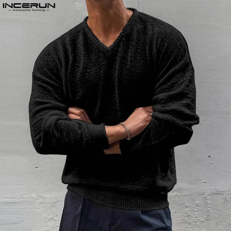 INCERUN Tops 2024 Korean Style Mens Fashion V-neck Loose Thin T-shirt Casual Simple Texture Knitted Long Sleeved Camiseta S-5XL 241230