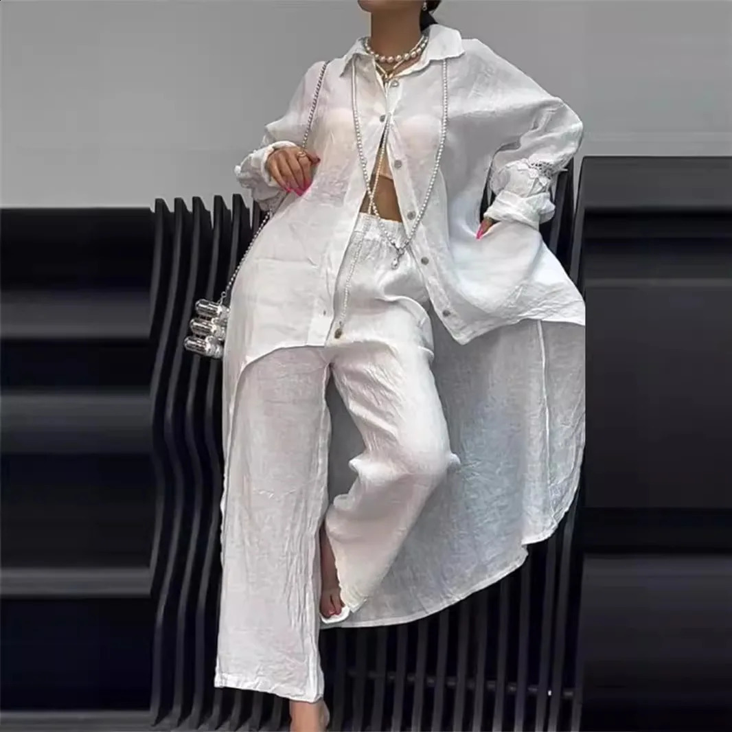 Lady Clothes Elegant Cuff Shirt Elastic Waist Trousers Set For Women Stylish Buttondown Blouse With Irregular Hem Fall 2024 241220