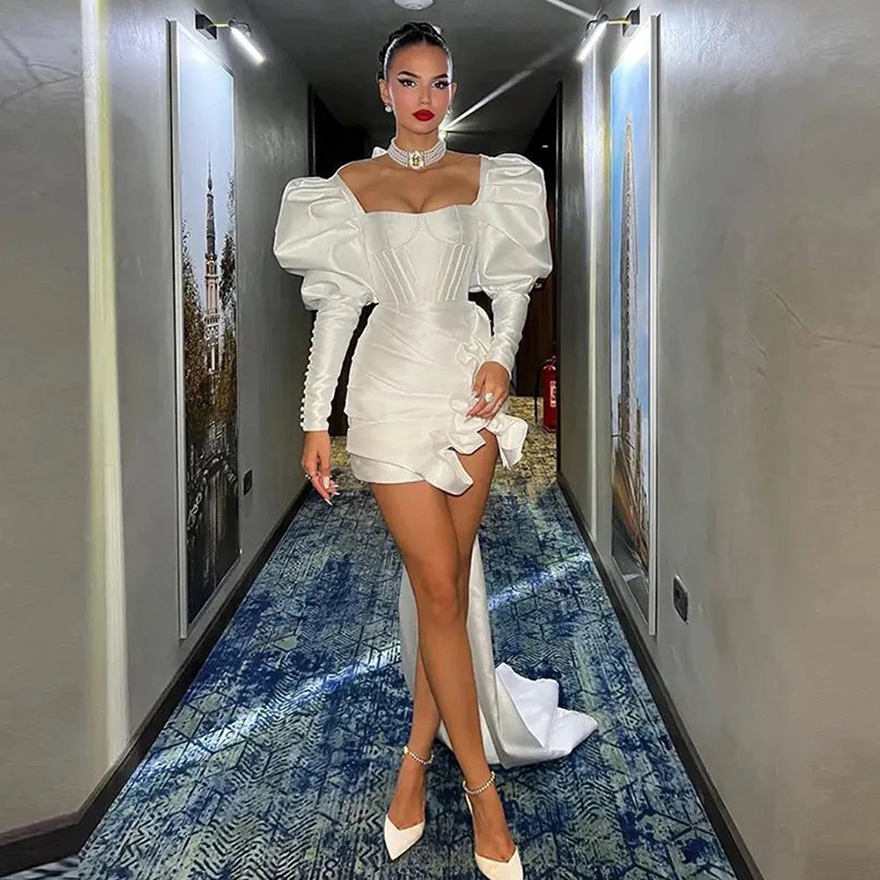 Square Neck Short Wedding Dresses For Women Satin Bridal Gowns Mopping Length Long Sleeves Princess Vestidos De Novia Customized