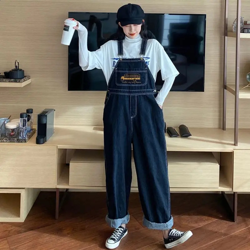 Jumpsuits Women Cartoon Embroidery Fashion Denim Suspender Harajuku Retro Wide Leg Baggy Cow BF Unisex Cute Chic Student 241230