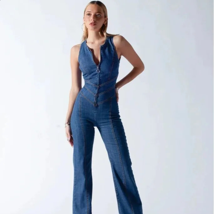 Wind Womens Spring Slim-fit Sleeveless Fashion Street Retro Style High-waisted Denim Jumpsuit Women 241230