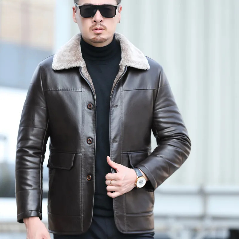 YX-838 Natural Leather Mens Autumn and Winter Sheepskin Casual Lapel Mid Length Business Leather Down Jacket Plus Size 250114