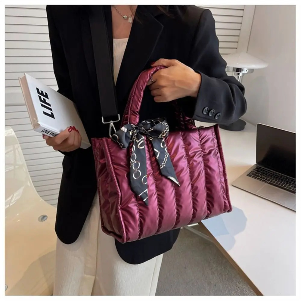 Elegant Ribbons Womens Bag Down Fabric Cotton Shoulder Crossbody Bags Winter Casual Quilted Padded Space Handbags 241227