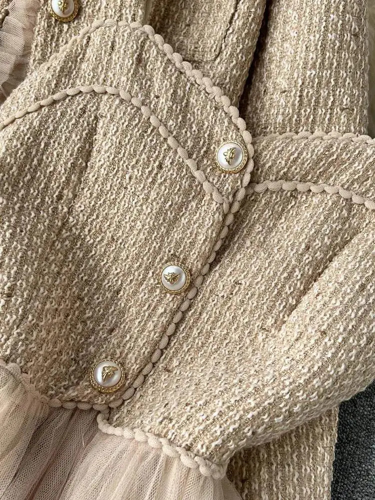 2025 Autumn Spaghetti Strap Woolen Patchwork Mesh Tulles Midi Dress Short Tweed Jacket Coat For Women 2 Pieces Set Outfits 241220
