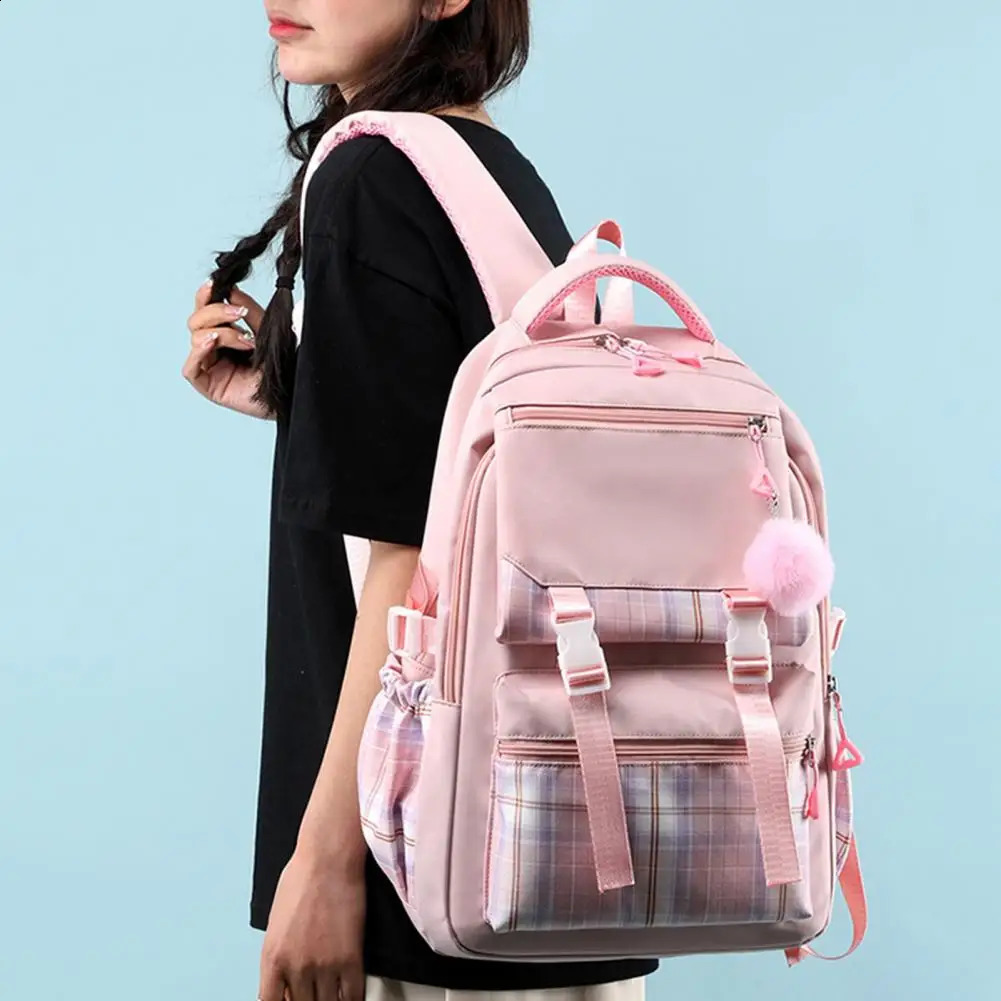 Student Backpack With Plush Ball Pendant Large Capacity Waterproof Pupil School Bag Travel Outdoor Activities Storage Bag 241230