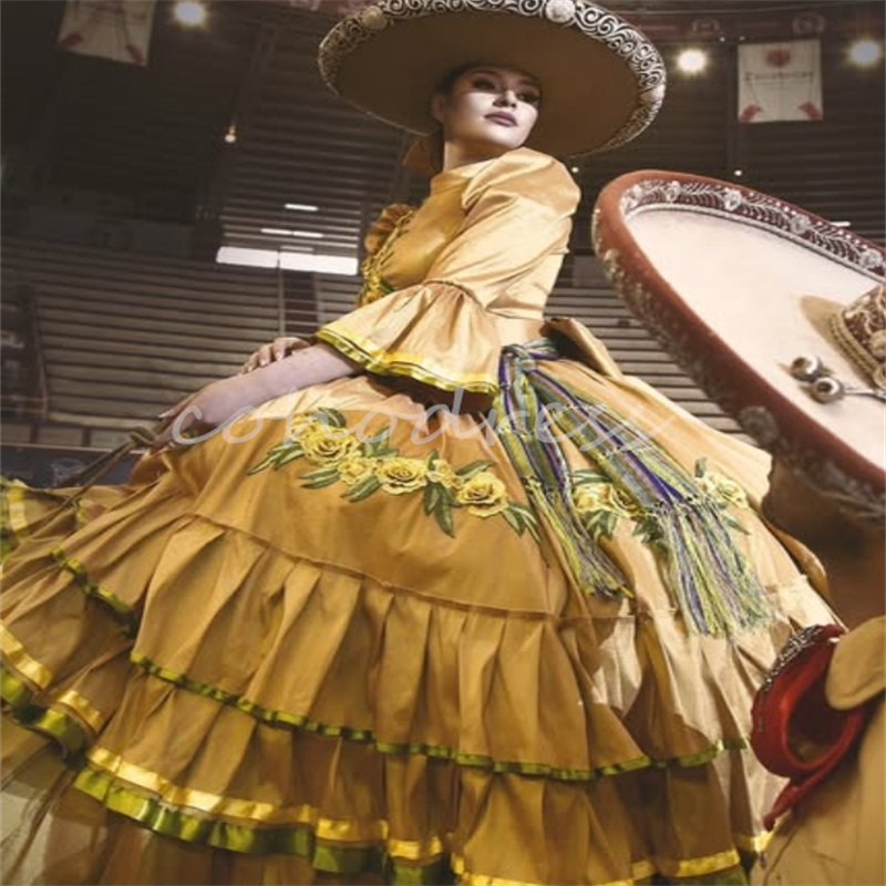 Traditional Mexico Gold Quinceanera Dresses Jalisco Dress Folklorico Embroidery Vestidos De 15 Anos Mariachi Prom Party Jalisco Xv Debutant Para Hallo