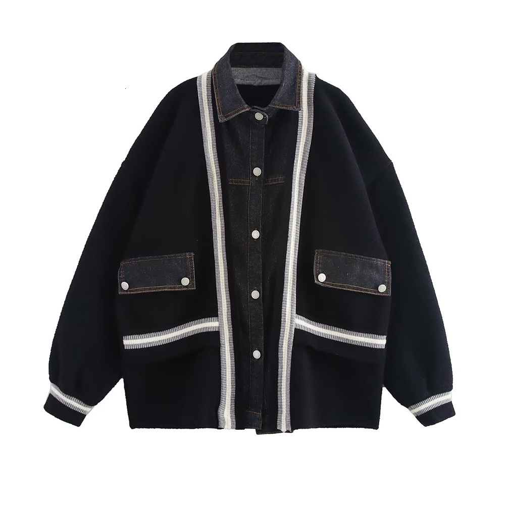 Autumn New Fashion Women's Casual Elegant Design Denim Patchwork Sweater Shirt Collar Striped Cardigan Jacket