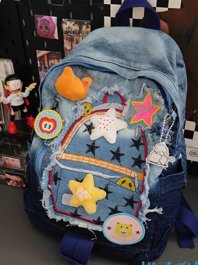 Retro Cowboy Color Matching Backpack Female Japanese Sweet Lovely Girl Y2k All-match Bag College Student Small Backpack 241230