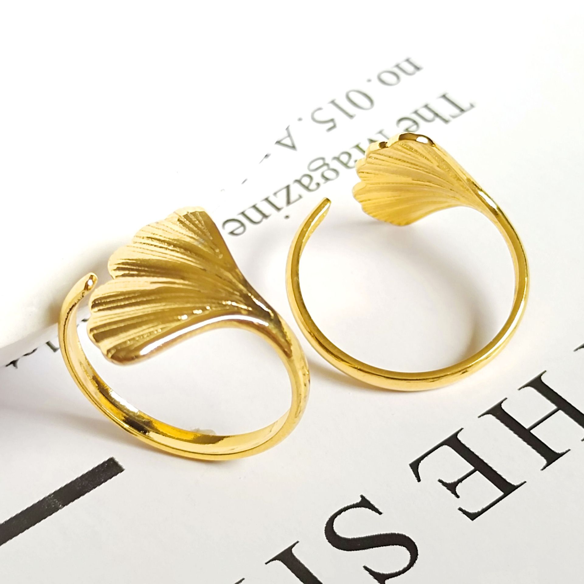 Cool Wind Style Titanium Steel Adjustable Ginkgo Leaf Ring for Women