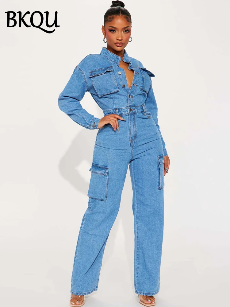 BKQU Denim Jumpsuit for Women Stretch Cargo Pocket Jean Overalls Long Sleeve Elegant Single Breasted Jumpsuit Y2k Streetwear 241230