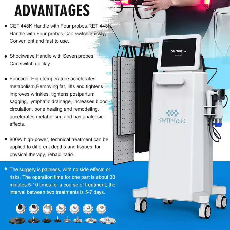 4 in 1 ESWT Extracorporeal Shockwave Physiotherapy Muscle Bone Joint Injury Rehabilitation 448K RF Tecar Skin Rejuvenation Maxlipo Red Laser Machine