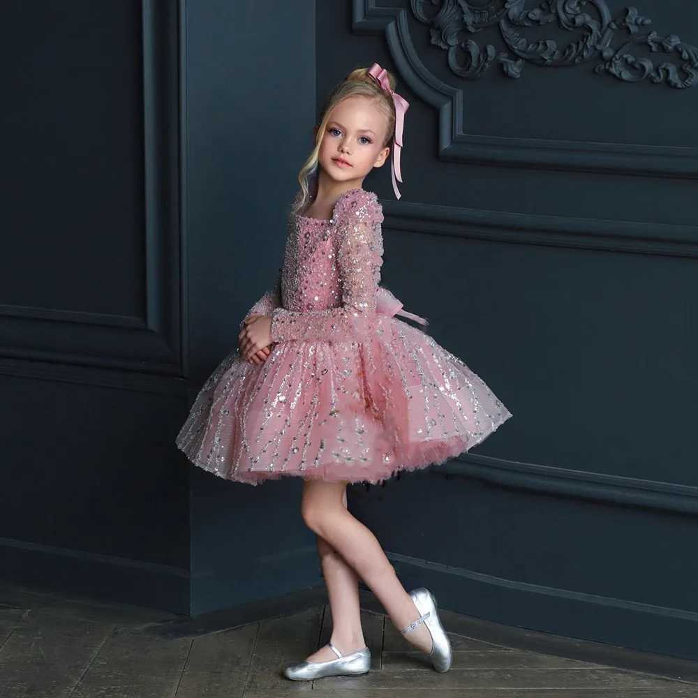 Girl's Dresses Pink Fluffy Sequin Applique Flower Girl Dress Sparkly Skirt Wedding Elegant Flower Childs Eucharistic Birthday Party DressY2412281