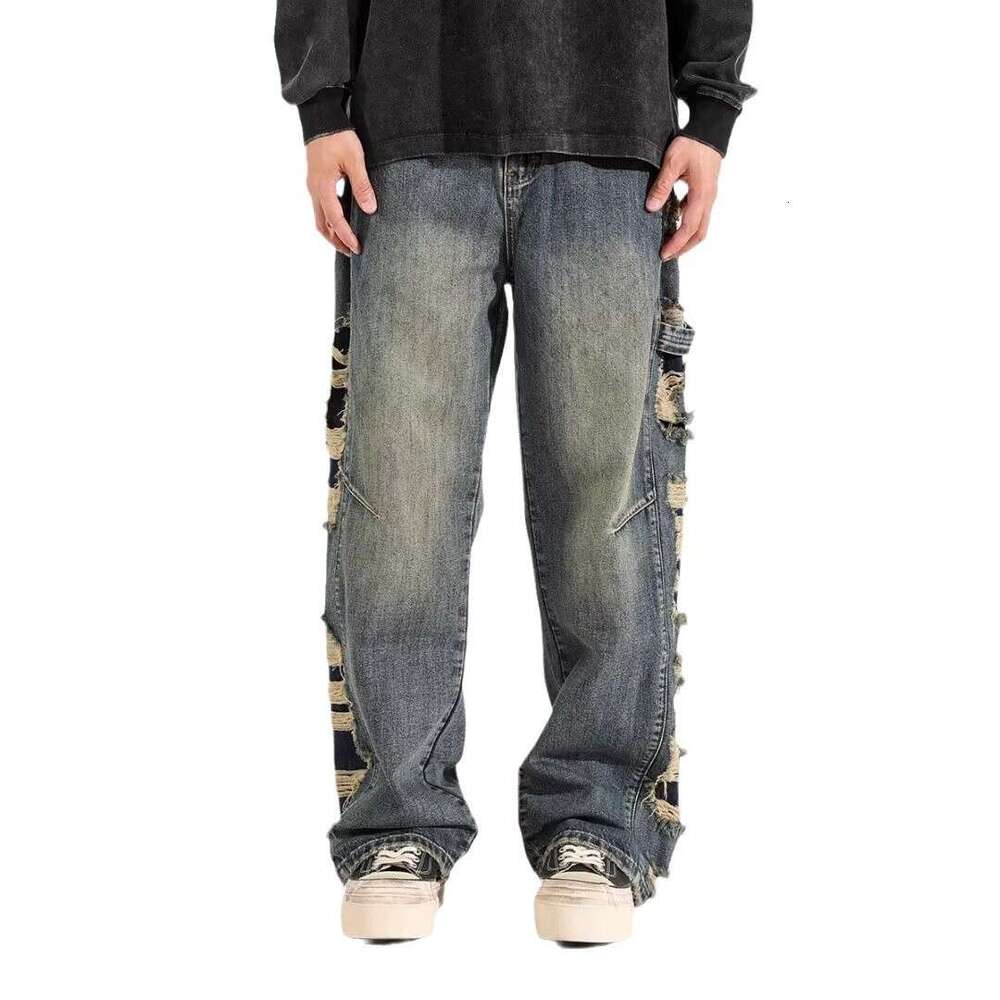 Men's Wear Hip Hop Jeans Street Jeans American Style Vintage Clean Fit Loose Ripped Jeans Men's High Street Trendy Brand Versatile Straight 