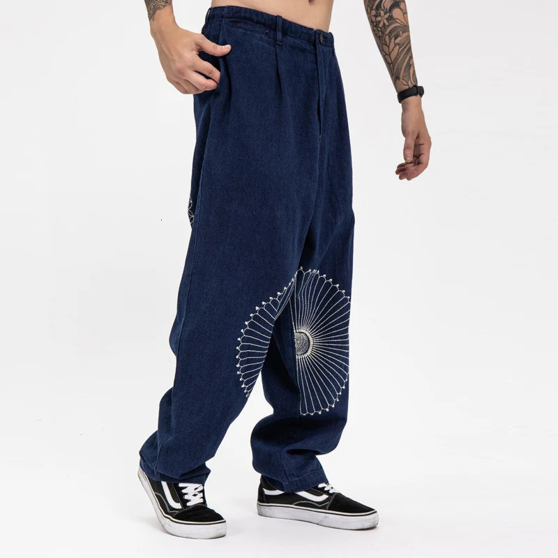 Japanese Fashion Kapital Hirata Hehong Embroidered Casual Printed Pants Trend Versatile Vintage Loose Jeans Men Trousers
