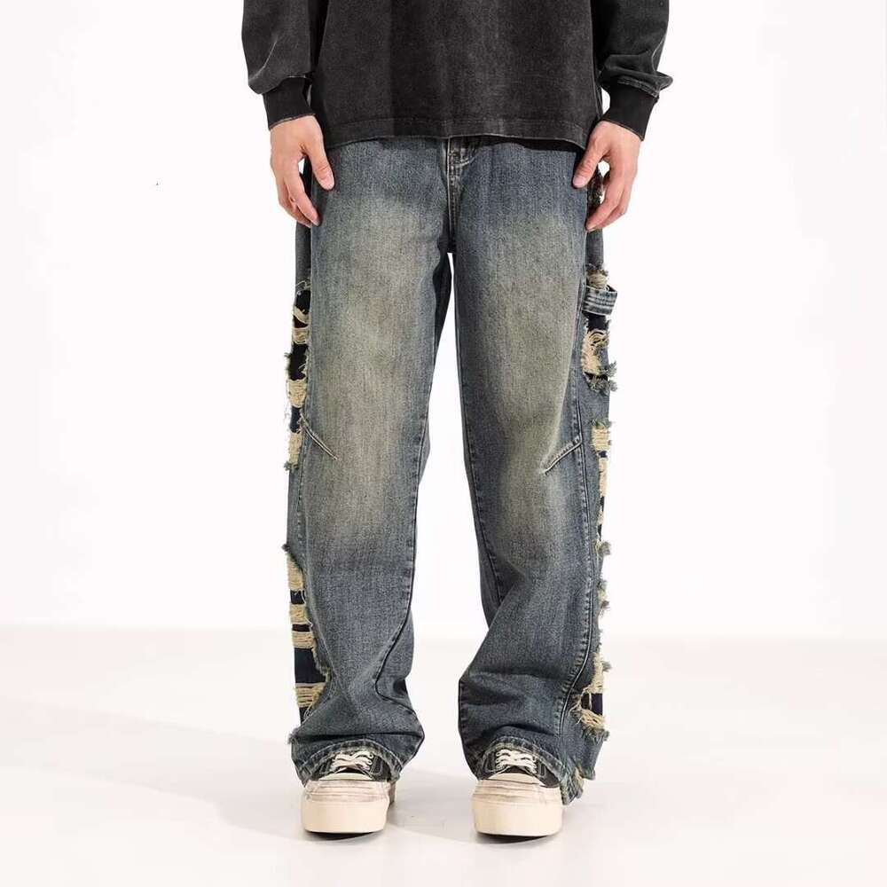 Men's Wear Hip Hop Jeans Street Jeans American Style Vintage Clean Fit Loose Ripped Jeans Men's High Street Trendy Brand Versatile Straight 