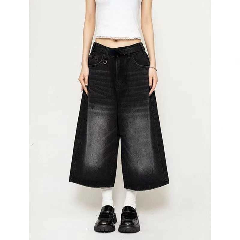 2024 Vintage Wash Whiskers Denim Shorts Women Low Rise Distressed Frayed Wide Leg Baggy Jeans Jorts Casual Summer ClothesX241230