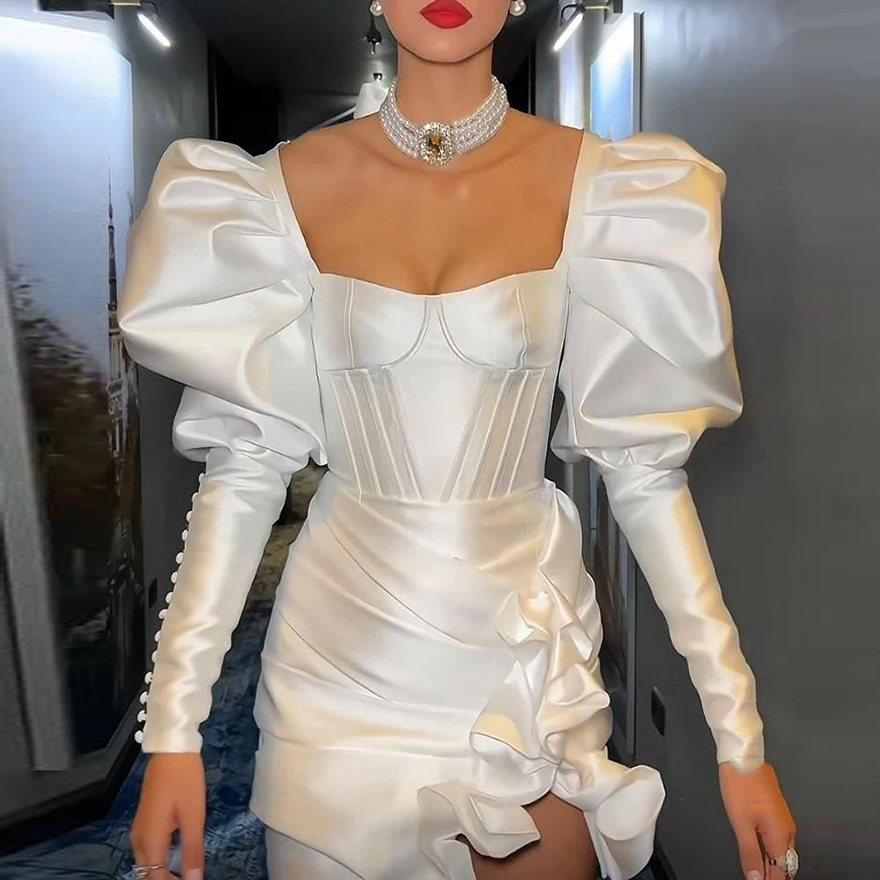 Square Neck Short Wedding Dresses For Women Satin Bridal Gowns Mopping Length Long Sleeves Princess Vestidos De Novia Customized