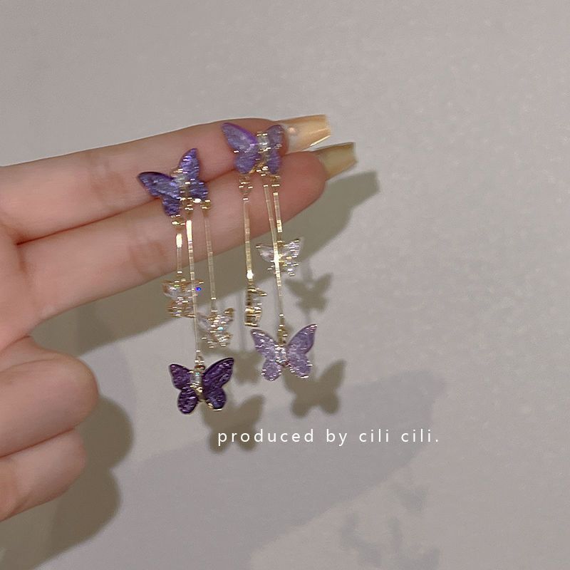 Charming Lavender Crystal Butterfly Dangle Earrings with Delicate Tassel Detail