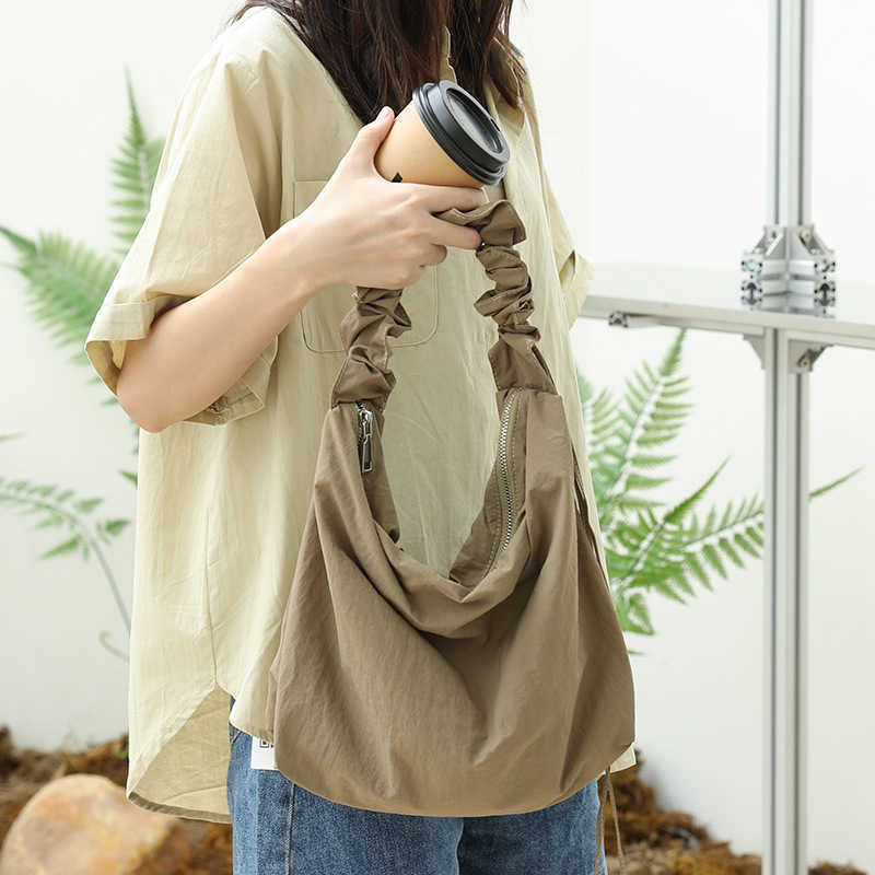 Casual drawstring handbag ins small fresh pleated one shoulder women's bag mesh red fashionable nylon fabric crossbody bag 241230