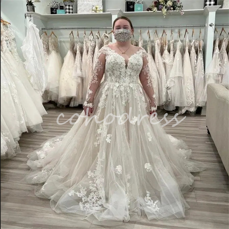 Plus Size Country Wedding Dresses V Neck Long Sleeve Church Bohemian Bridal Gowns Appliques Lace A Line Tulle Backless Bride Fairy Robe De Mariee 2025
