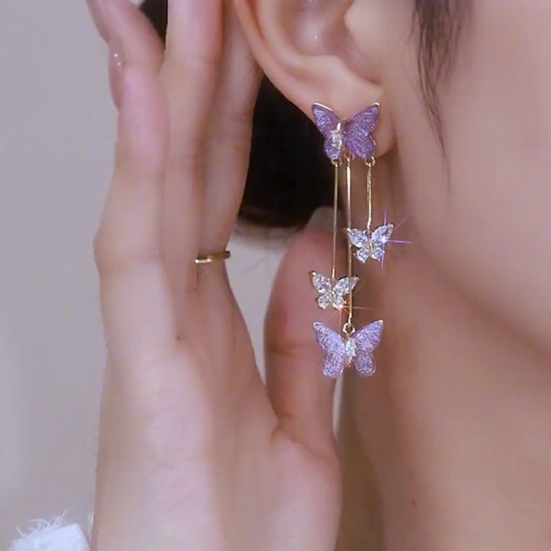 Charming Lavender Crystal Butterfly Dangle Earrings with Delicate Tassel Detail
