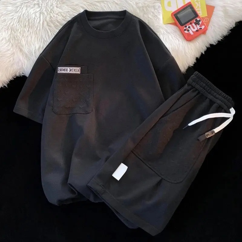 Summer Loose Shortsleeved Shorts Suit Couple ONeck Pocket Simple Casual Wild TShirt Mens Two Piece 241223