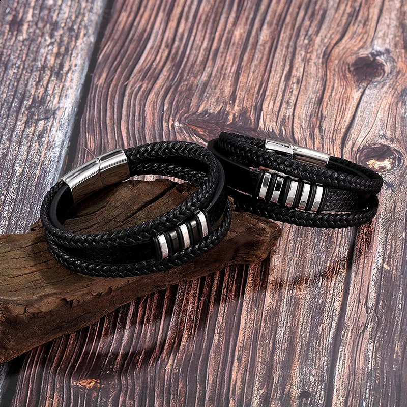 2024 Classic Mens Leather Bracelet Handwoven Multilayer Stainless Steel Accessory Jewelry Wholesale Drop 241223