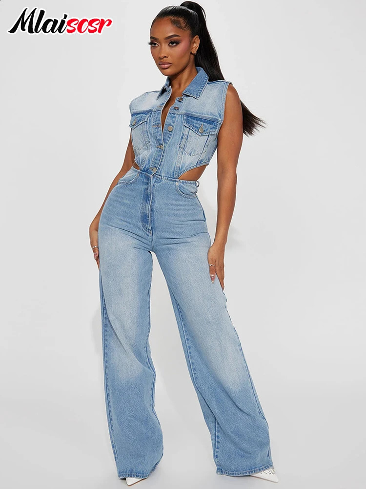 Mlaiscsr Blue Hollow Out Straight Stretch Denim Jumpsuit Women Lapel Button One-piece Pants Jeans Rompers Female Cow Overalls 241230