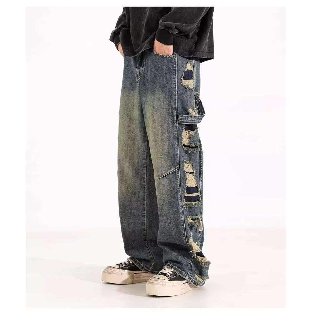 Men's Wear Hip Hop Jeans Street Jeans American Style Vintage Clean Fit Loose Ripped Jeans Men's High Street Trendy Brand Versatile Straight 