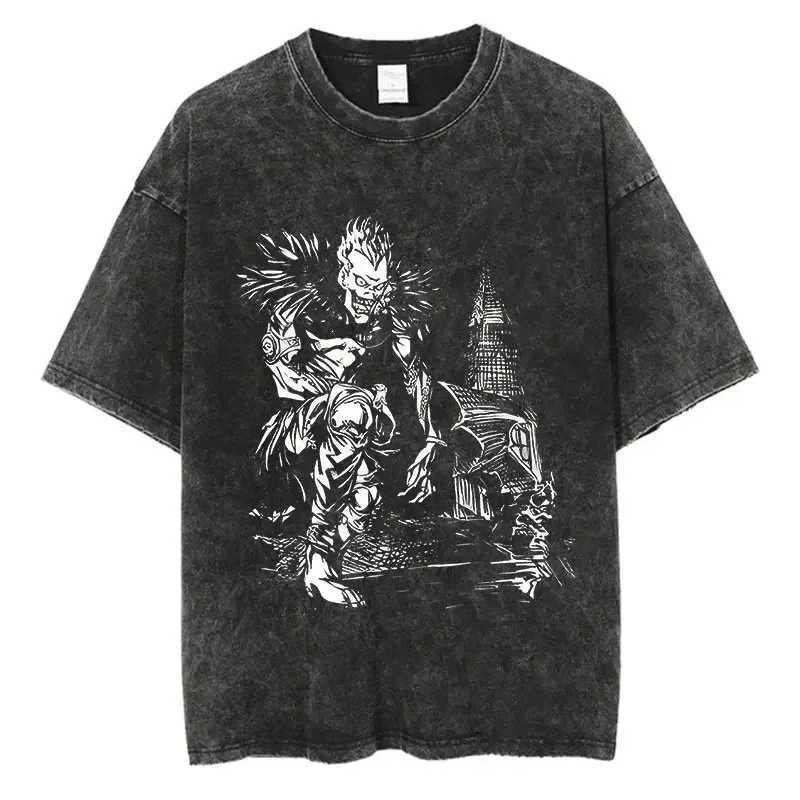 2024 Harajuku Retro Washed T-shirt with Death Note Pattern Cotton Street Clothing Unisex T-shirt W241230