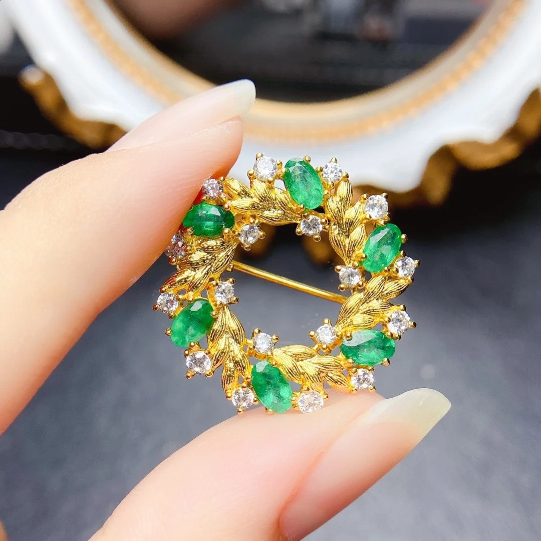 FS 3*5mmNatural Emerald Brooch S925 Sterling Silver Fine Fashion Charm Weddings Jewelry for Women With Certificate 241230