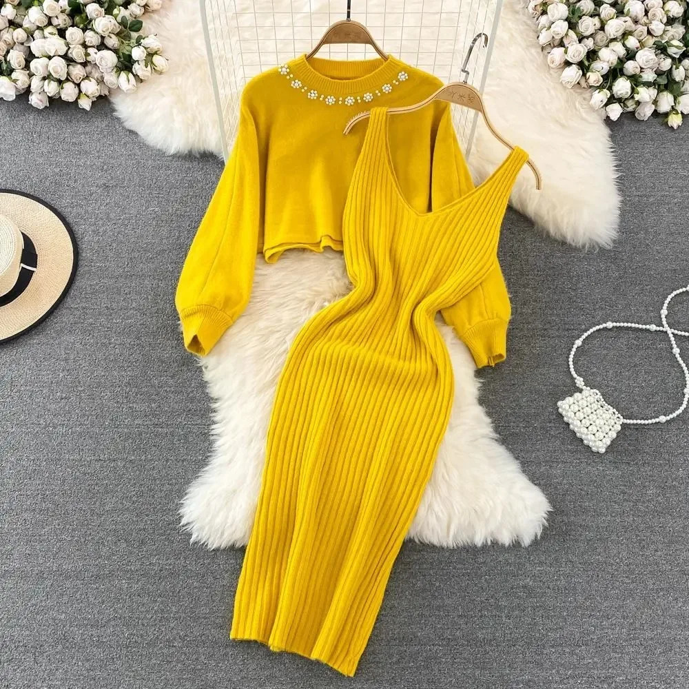 Women Sweater Midi Dress Set Casual Pullovers Suits Autumn Winter Oneck Long Sleeve Knitted Solid Slim Elegance Tops Elastic 241220