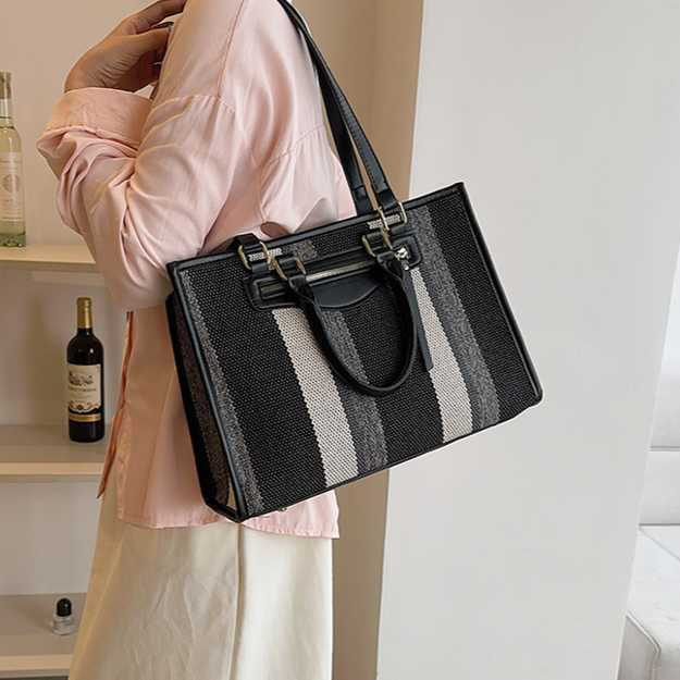 White ditch luggage, canvas tote bag, women's item, contrasting color striped handbag, large capacity shoulder bag 241215
