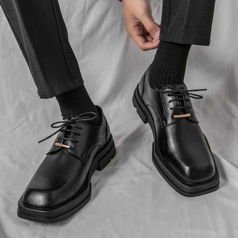New Men Square Toe Patent Black White Leather Loafers Male Platform Dress Shoes Vintage Chunky Heel Party Shoes Men Formal ShoesXJ241230