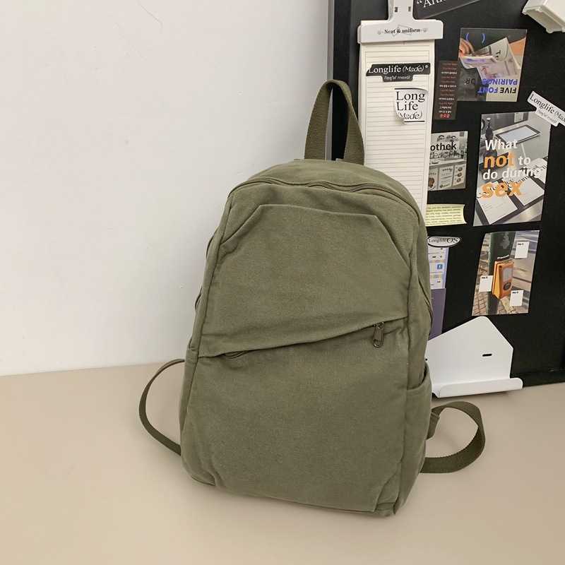 Washed canvas backpack for women, large capacity, simple solid color, college student backpack, women's lazy style travel backpack 241230