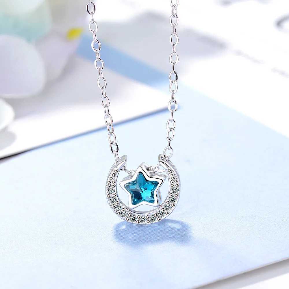925 Silver Star Crystal Moon Blue Aesthetic Necklace Womens Luxury Jewelry Wholesale Accor Trend 2024 W241230