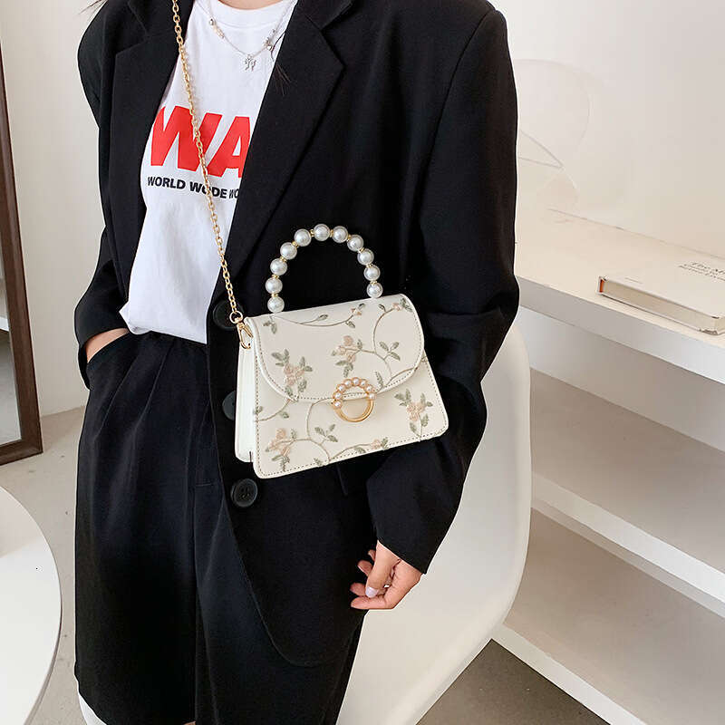 Lace Embroidered Handbag For Women In , New Chain Single Shoulder Women's Pearl Crossbody Bag, Chinese Style Portable Small Square Bags