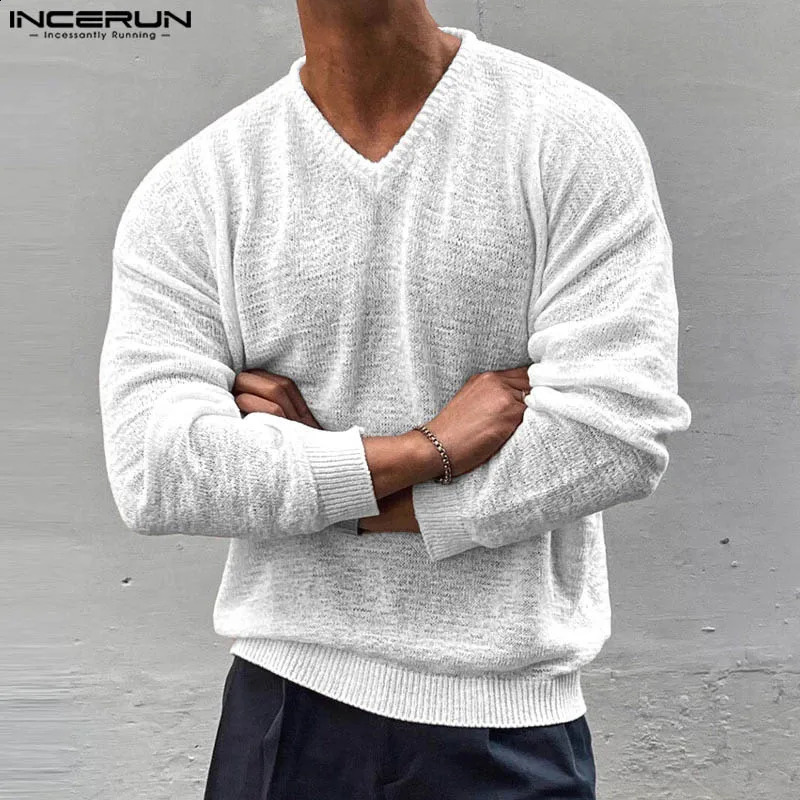 INCERUN Tops 2024 Korean Style Mens Fashion V-neck Loose Thin T-shirt Casual Simple Texture Knitted Long Sleeved Camiseta S-5XL 241230